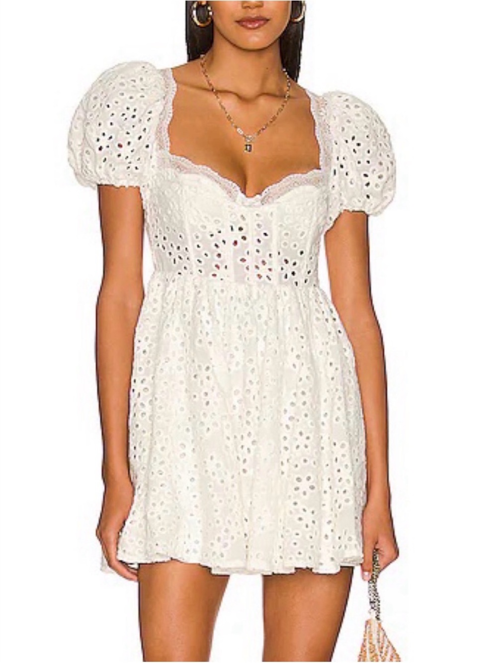 For Love & Lemons White Eyelet Puff-Sleeve Mini Dress - Picture 1 of 3